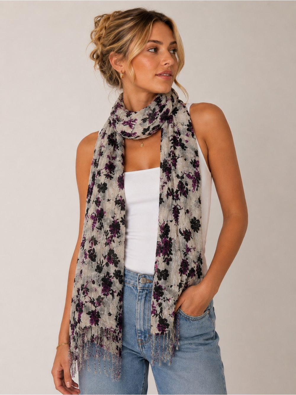 Boho Floral Fringe Scarf Lightweight Wrap Anthropologie Free People Vibe
